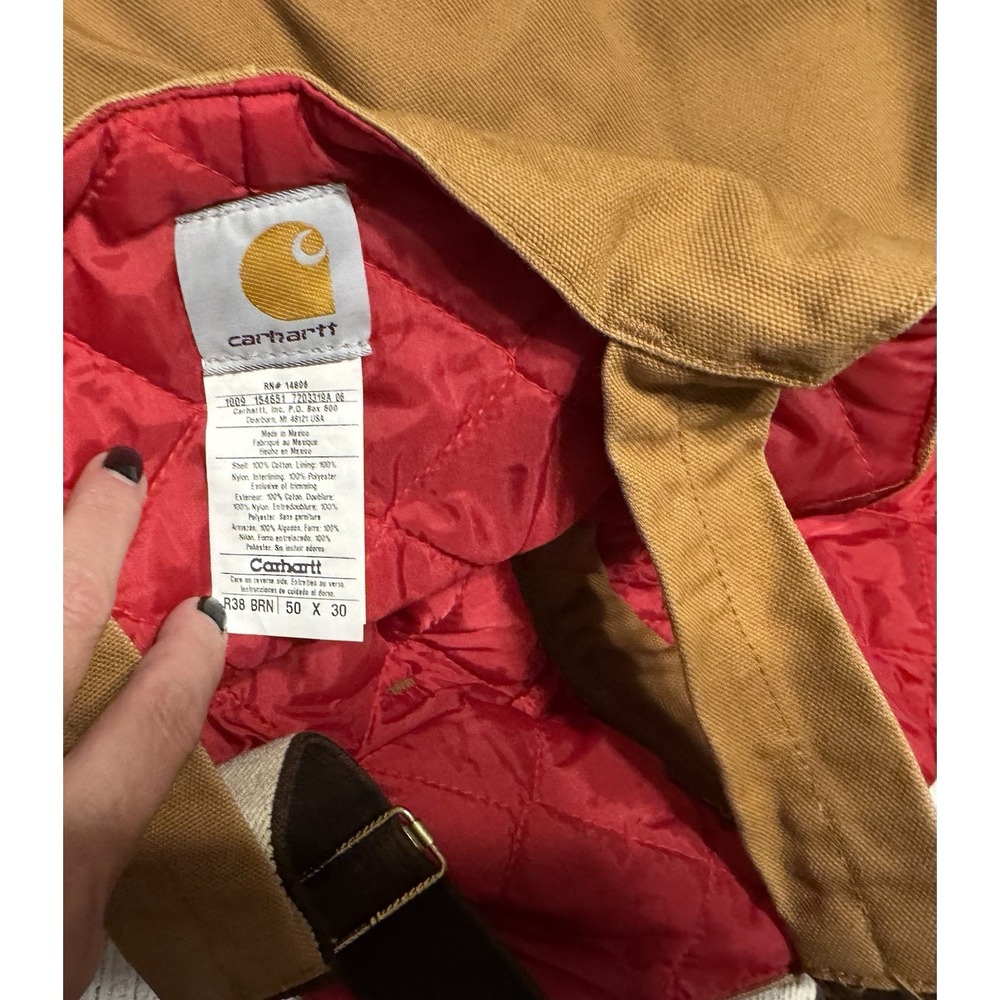 Carhartt R38 Men's 50 X 30 Duck Zip to Waist Quilt Lined Bib Overalls Brown Bibs - Picture 5 of 8